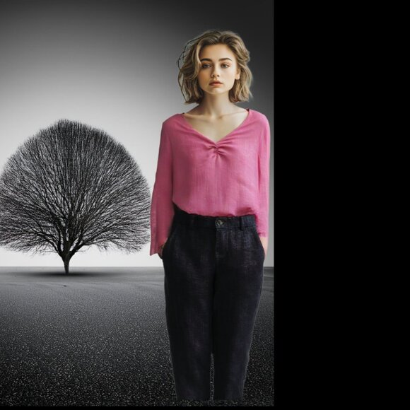 Hot Cotton Rose Pink Tone Pullover Styling 100% Linen Top, Size Small - Picture 2 of 6